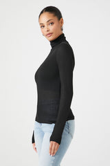Sheer Ribbed Knit Turtleneck Top