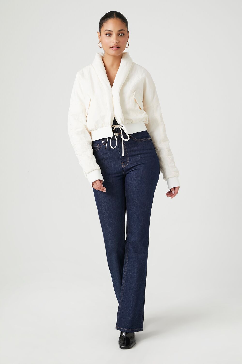 Ruched Tie-Front Puffer Jacket