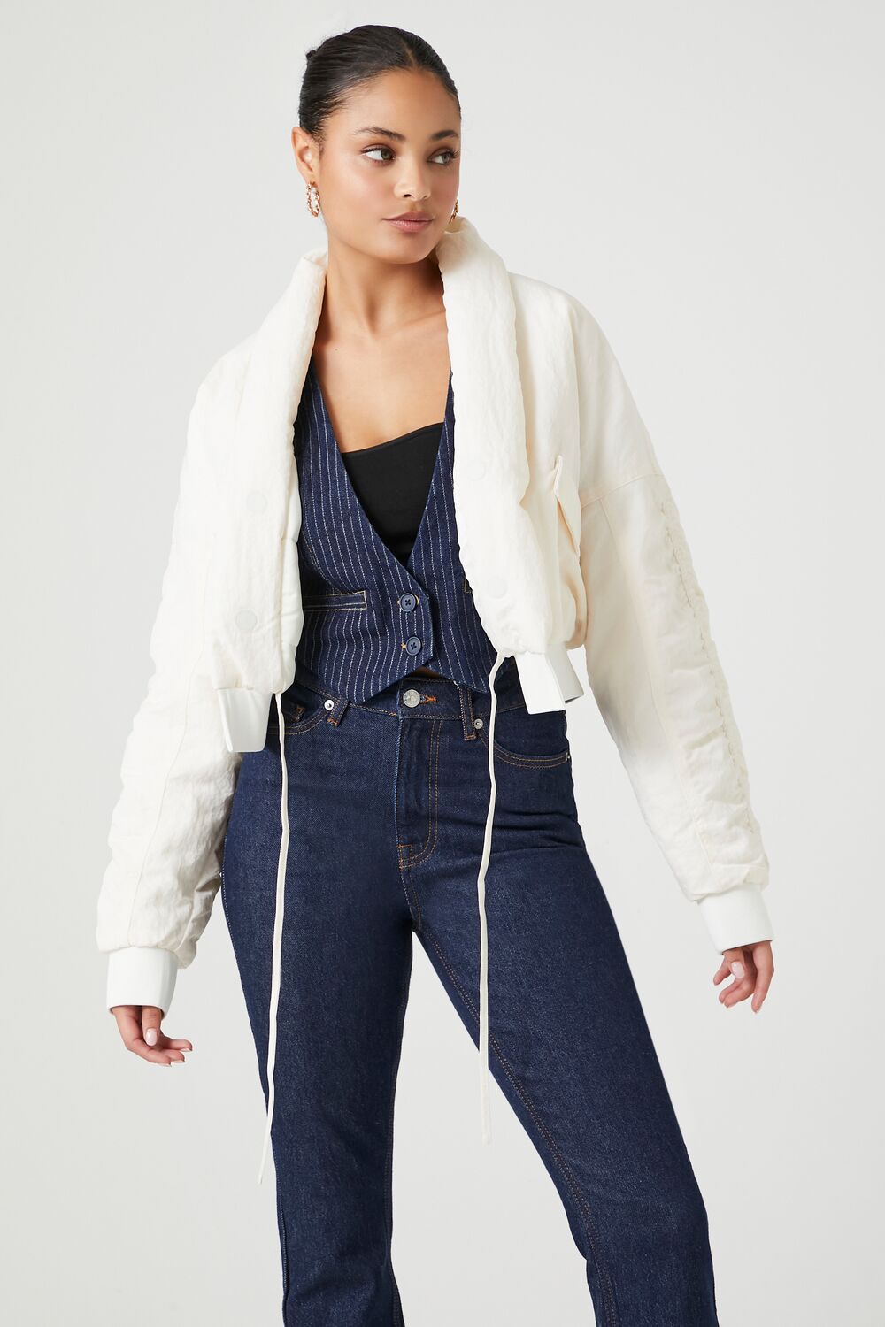 Ruched Tie-Front Puffer Jacket