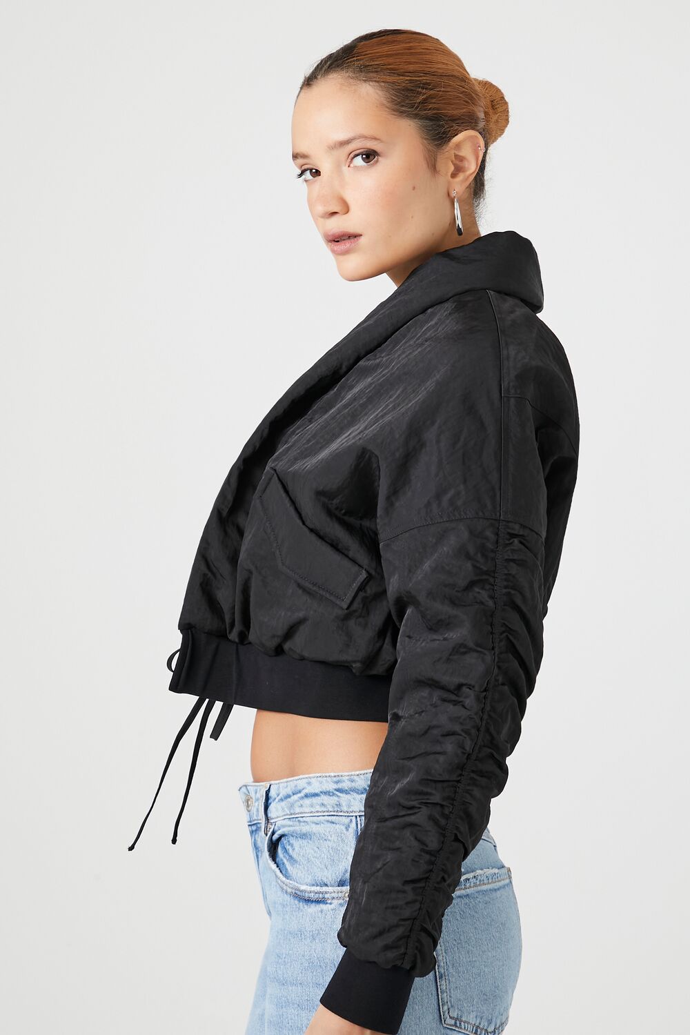 Ruched Tie-Front Puffer Jacket
