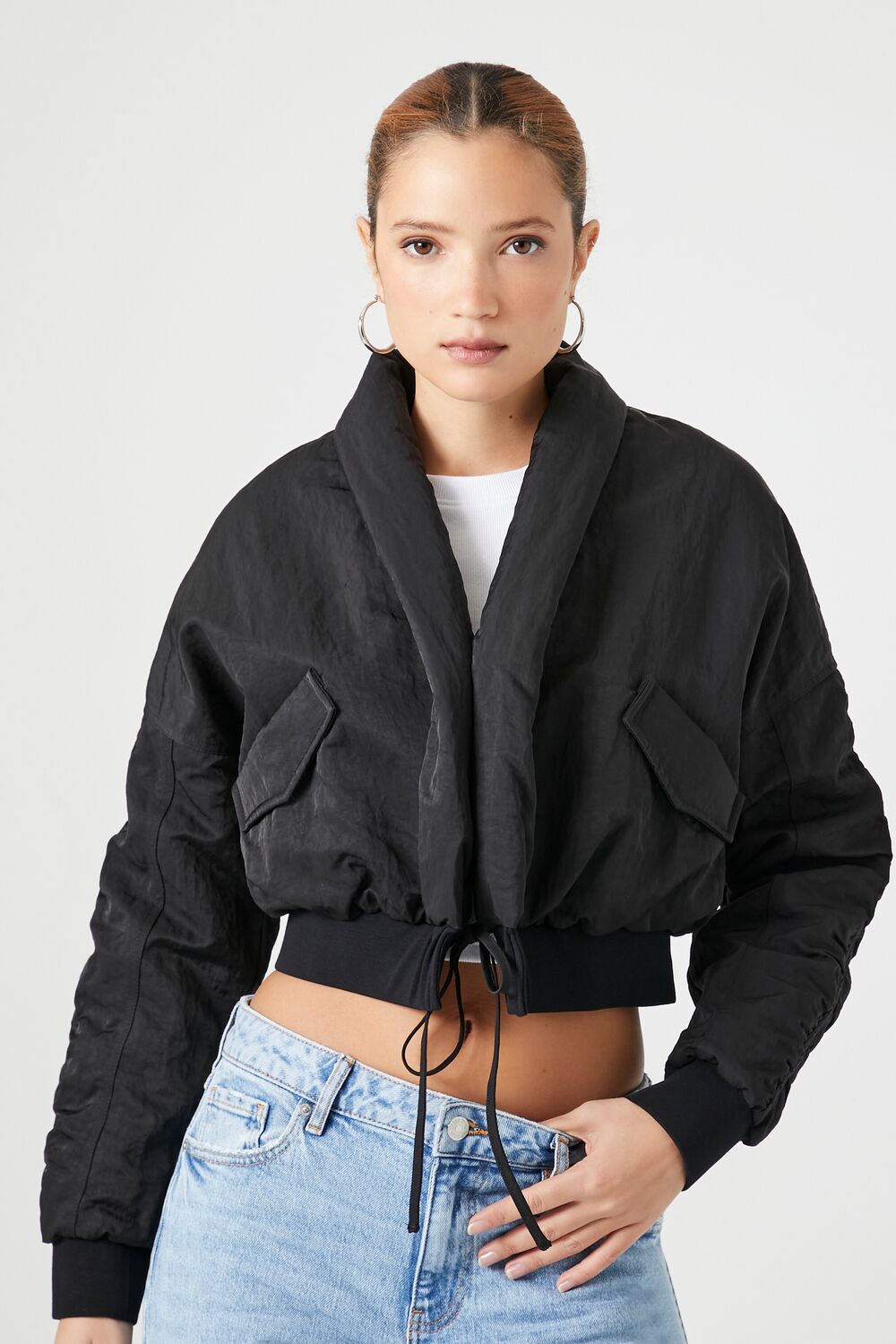 Ruched Tie-Front Puffer Jacket