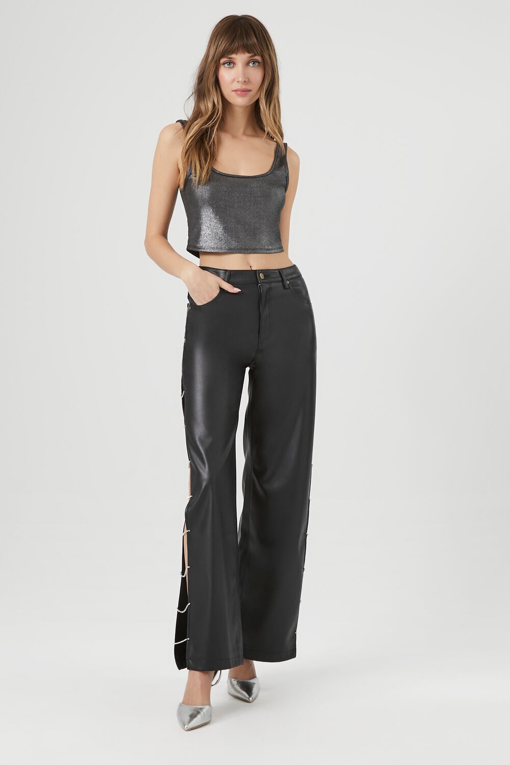 Faux Leather Rhinestone Chain Pants