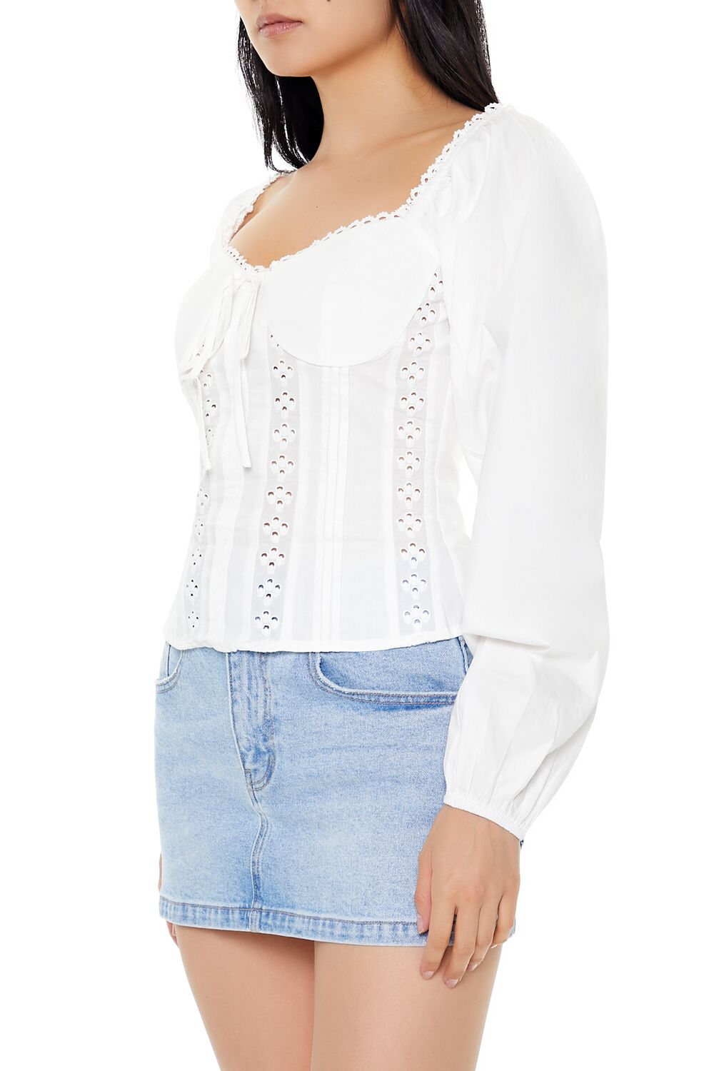 Poplin Eyelet Peasant-Sleeve Top