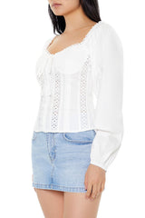 Poplin Eyelet Peasant-Sleeve Top