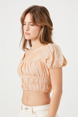 Shirred Puff-Sleeve Crop Top