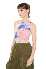 Ruched Tie-Dye Mesh Bodysuit