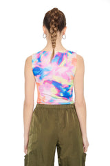 Ruched Tie-Dye Mesh Bodysuit