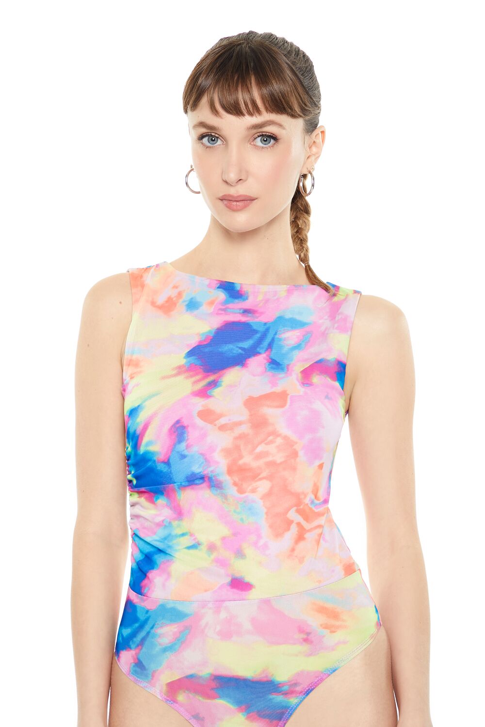 Ruched Tie-Dye Mesh Bodysuit