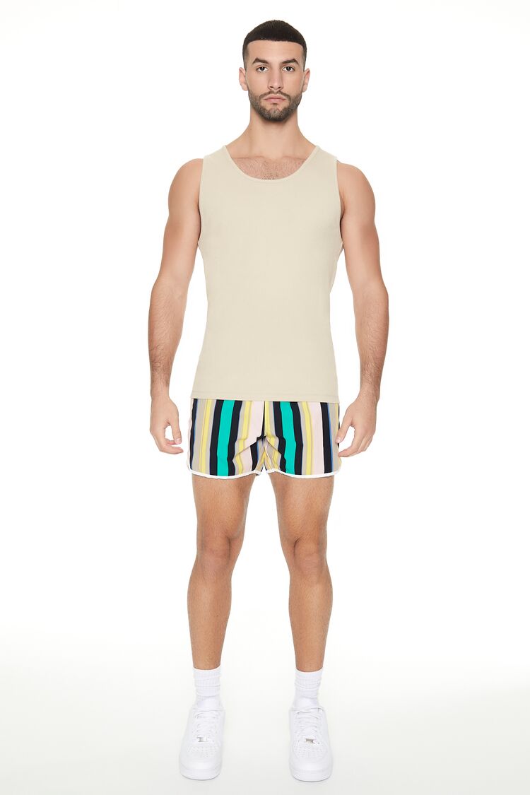 Striped Drawstring Short Inseam Swim Trunks