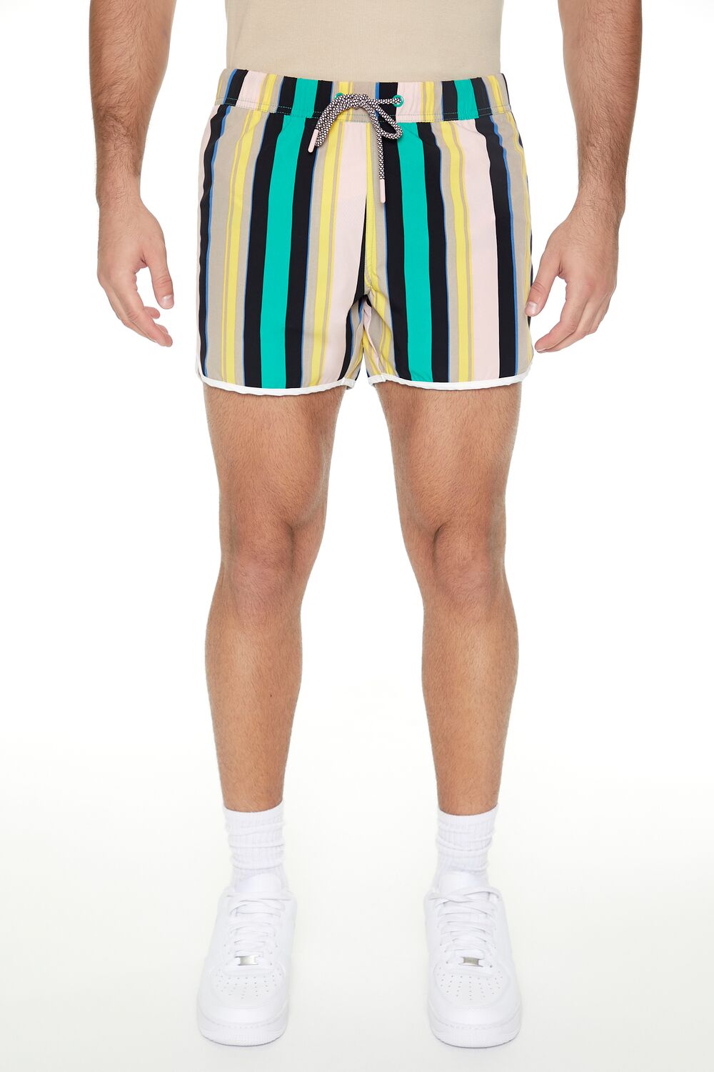 Striped Drawstring Short Inseam Swim Trunks
