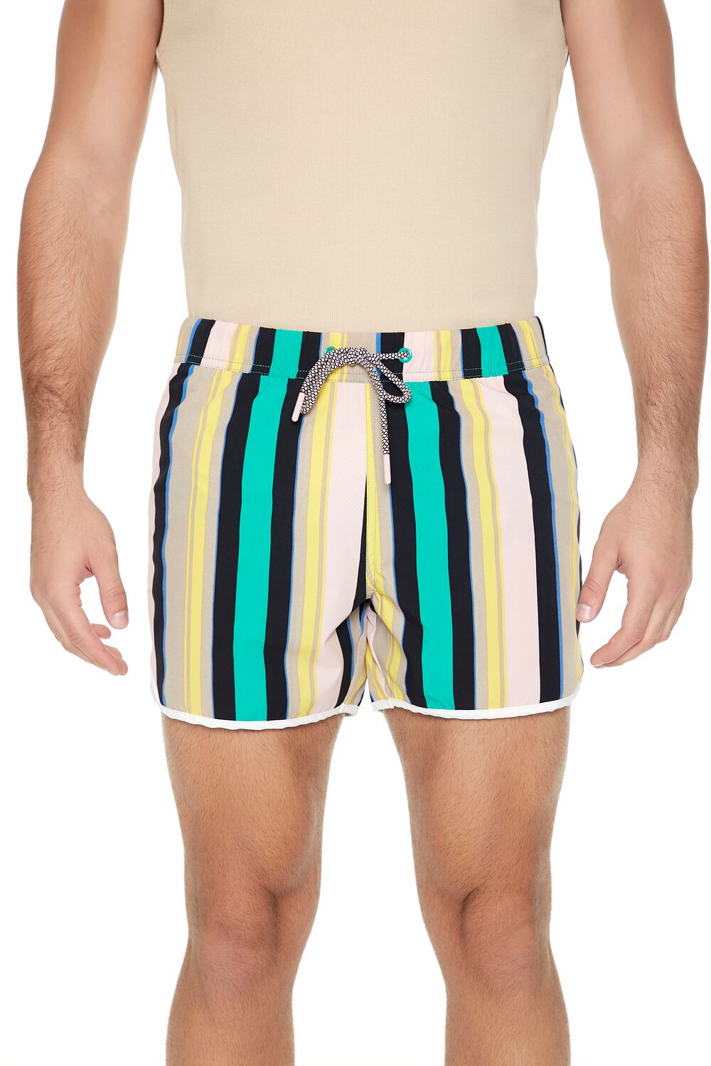 Striped Drawstring Short Inseam Swim Trunks