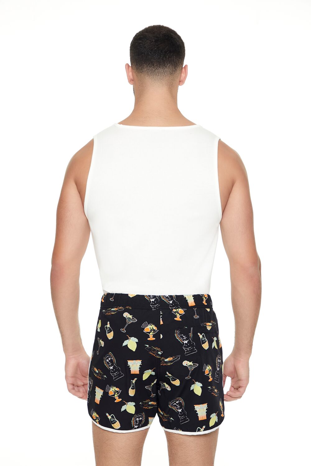 Short Inseam Drink Print Swim Trunks