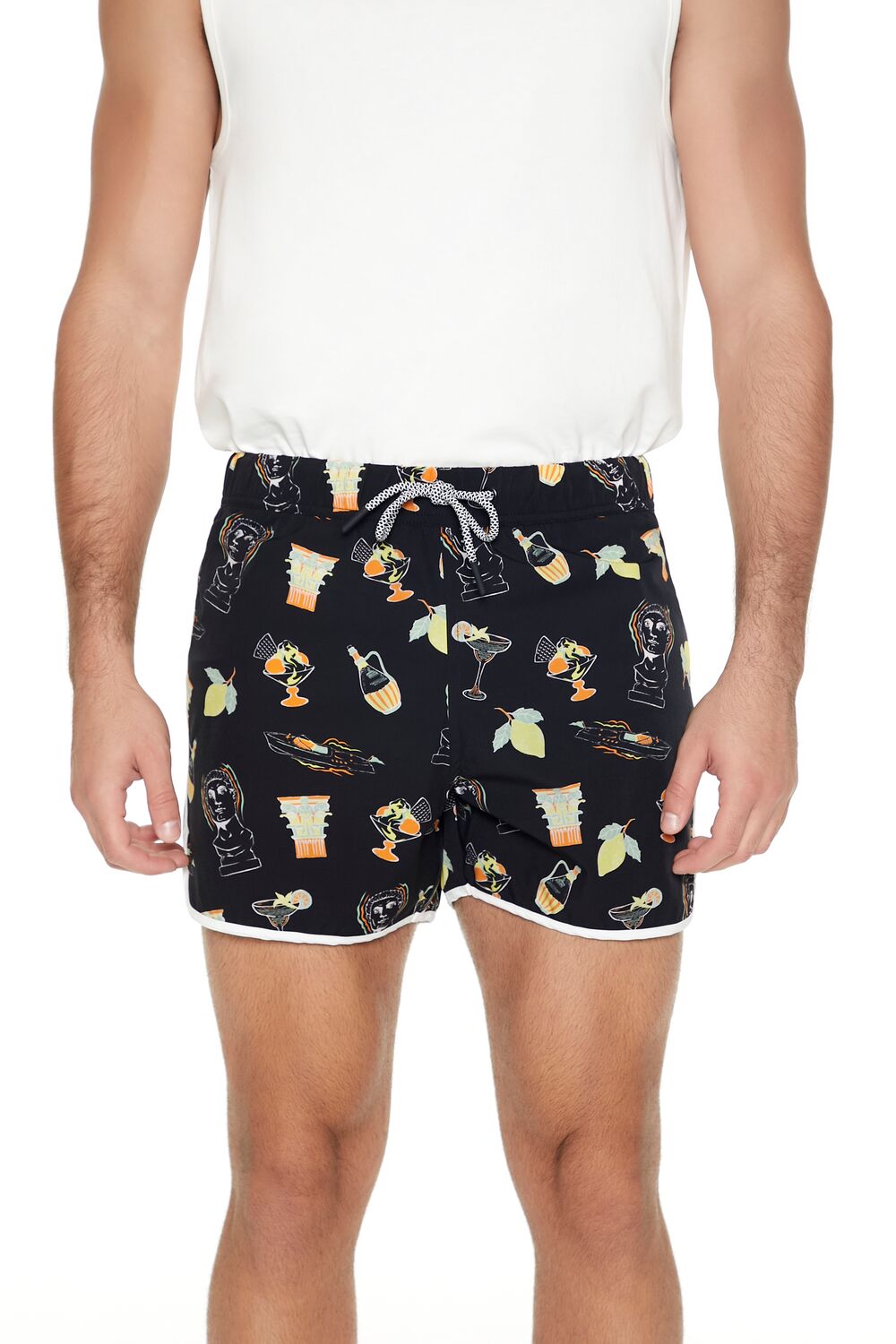 Short Inseam Drink Print Swim Trunks