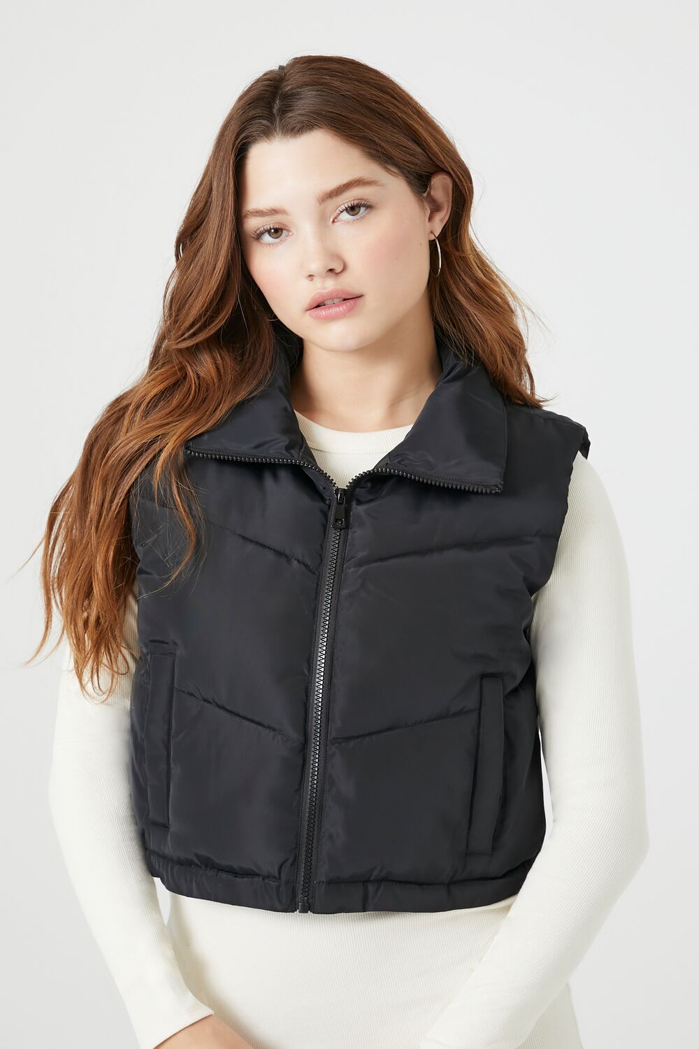 Chevron Funnel Neck Puffer Vest