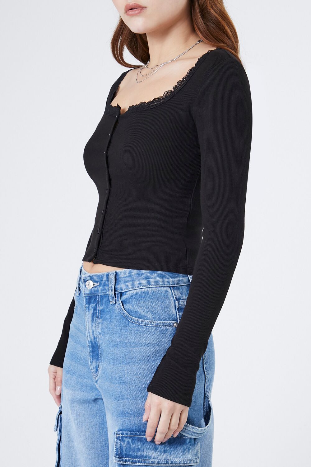 Ribbed Lace-Trim Henley Top
