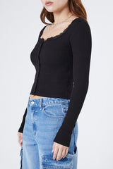Ribbed Lace-Trim Henley Top