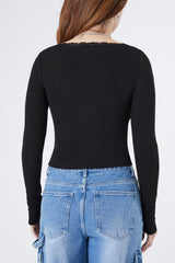 Ribbed Lace-Trim Henley Top