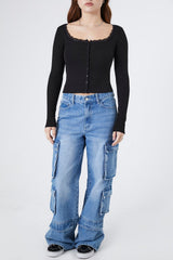 Ribbed Lace-Trim Henley Top