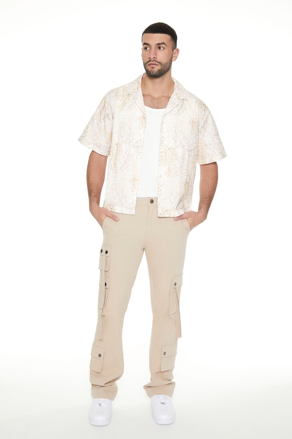 Cropped Embroidered Leaf Print Shirt