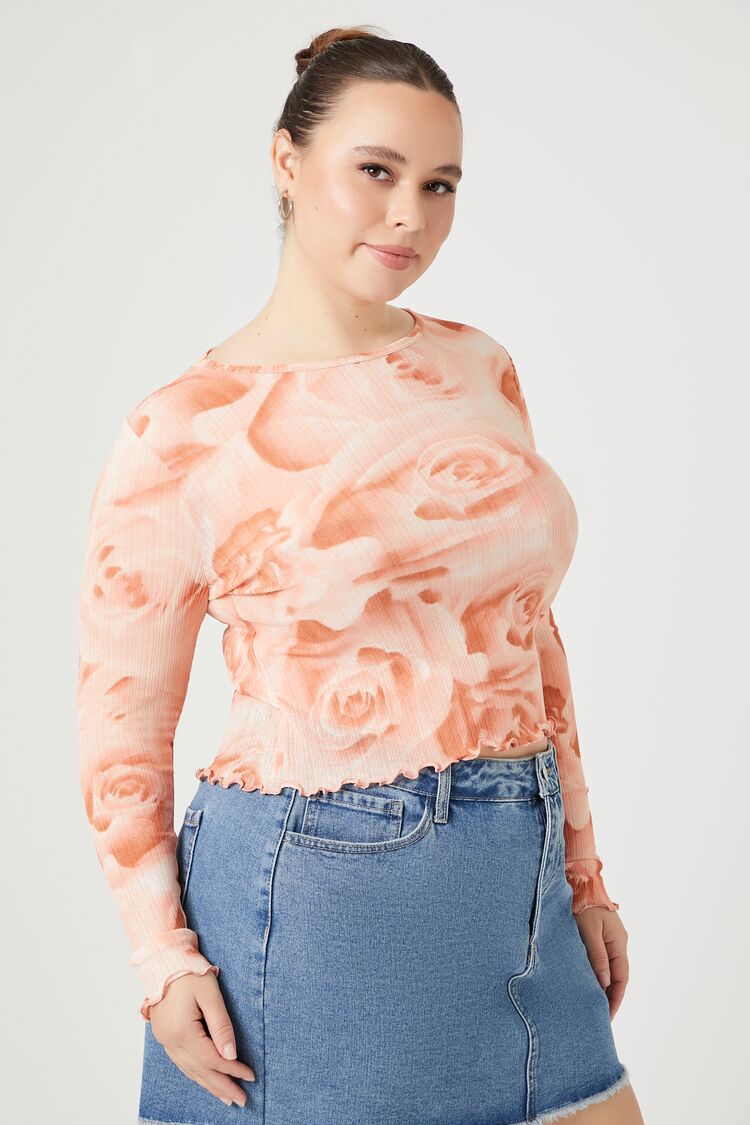 Plus Size Ribbed Rose Print Top