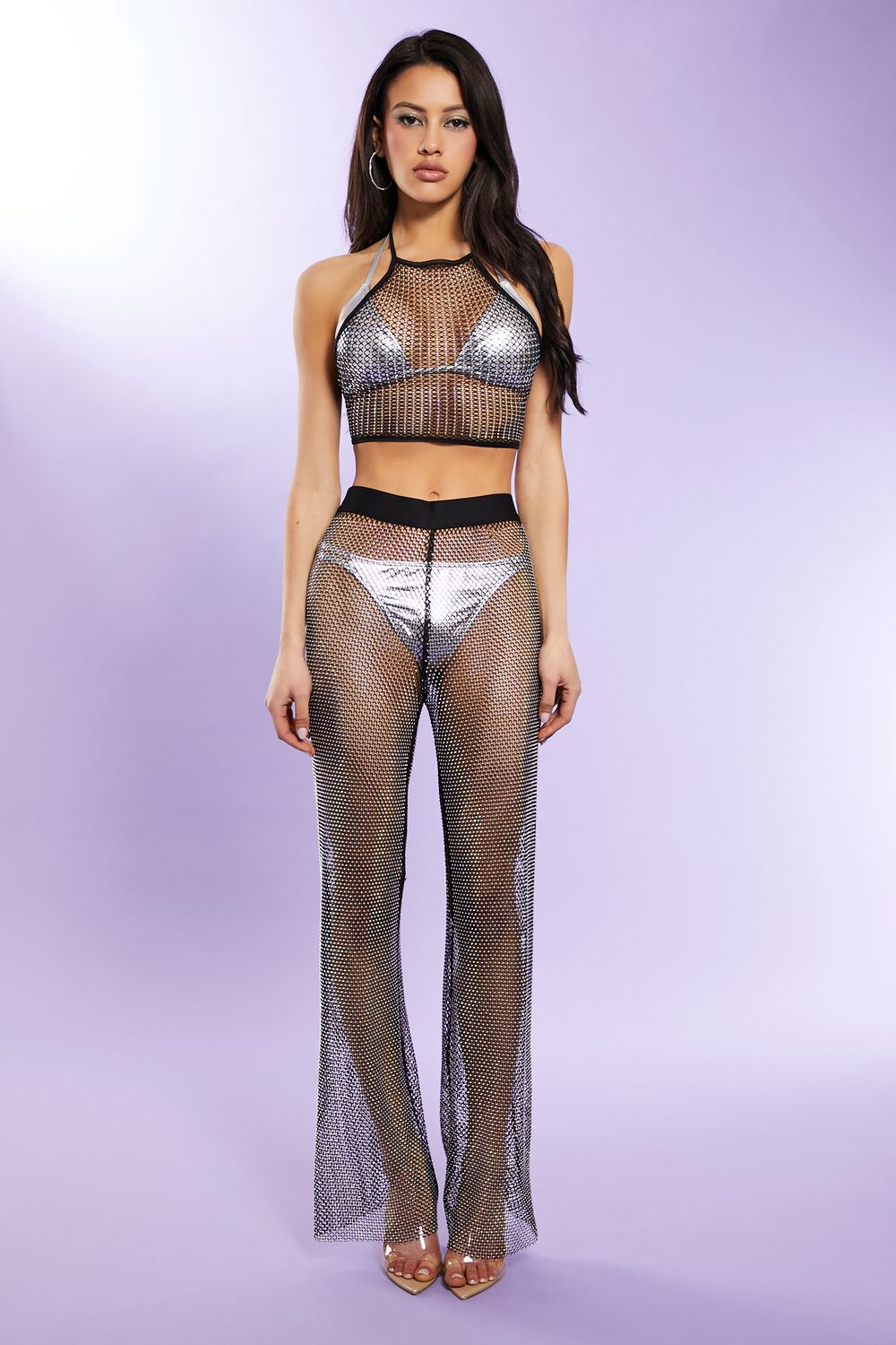 Rhinestone Netted Wide-Leg Pants
