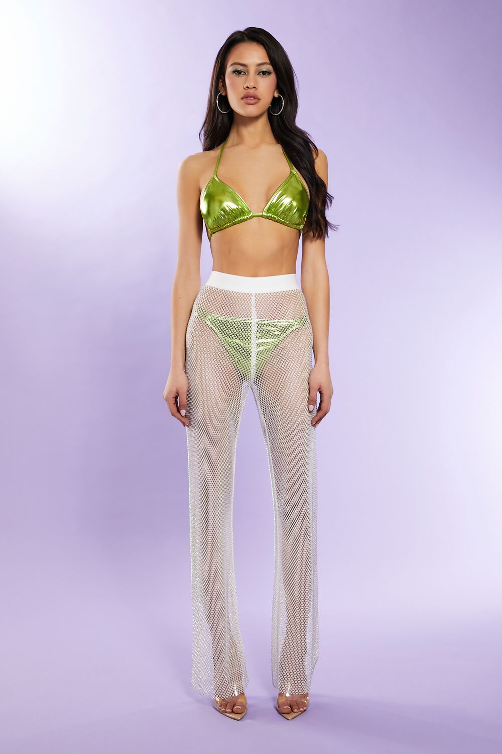 Rhinestone Netted Wide-Leg Pants