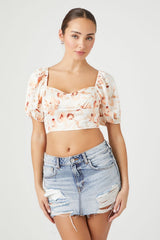 Satin Floral Puff-Sleeve Crop Top