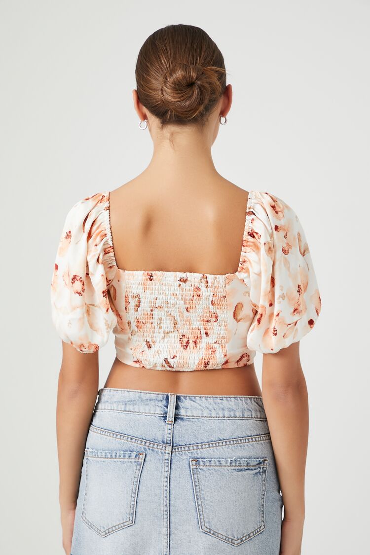Satin Floral Puff-Sleeve Crop Top