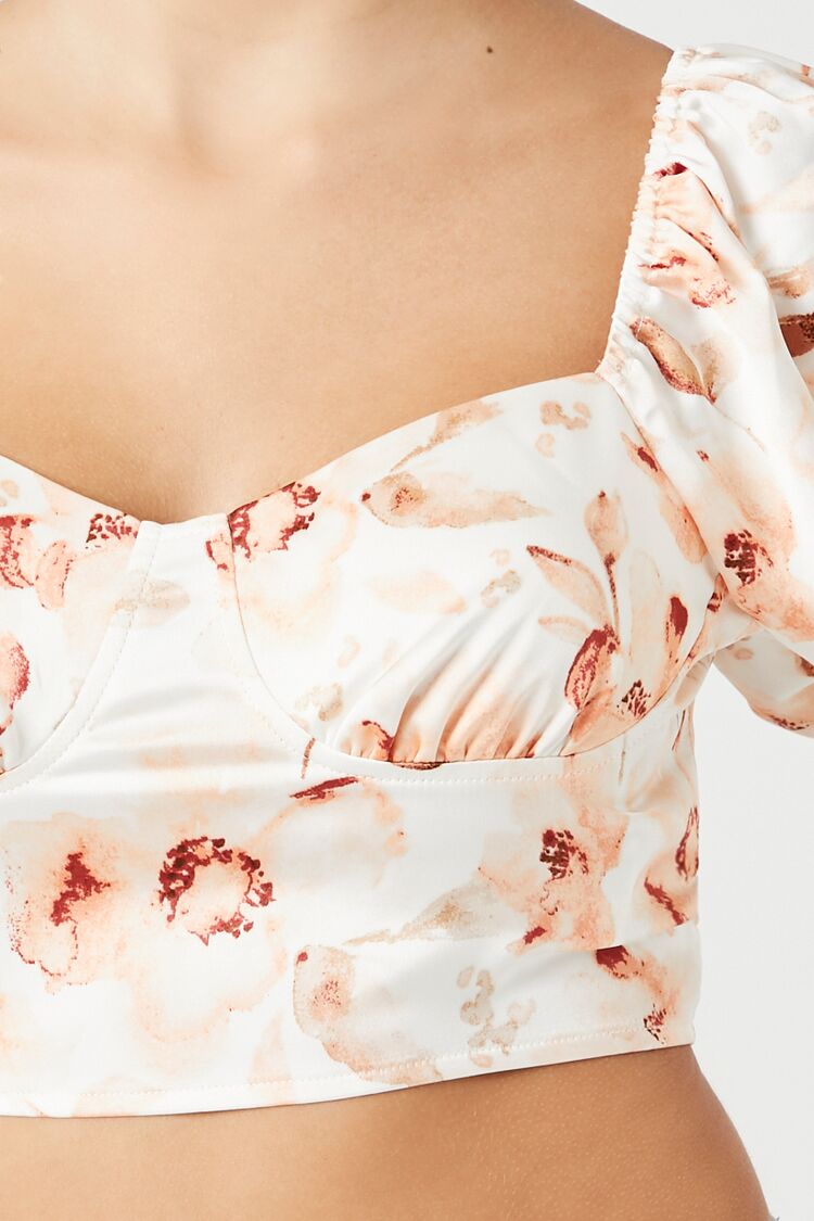 Satin Floral Puff-Sleeve Crop Top