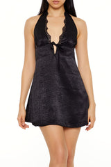 Lace-Trim Satin Halter Dress