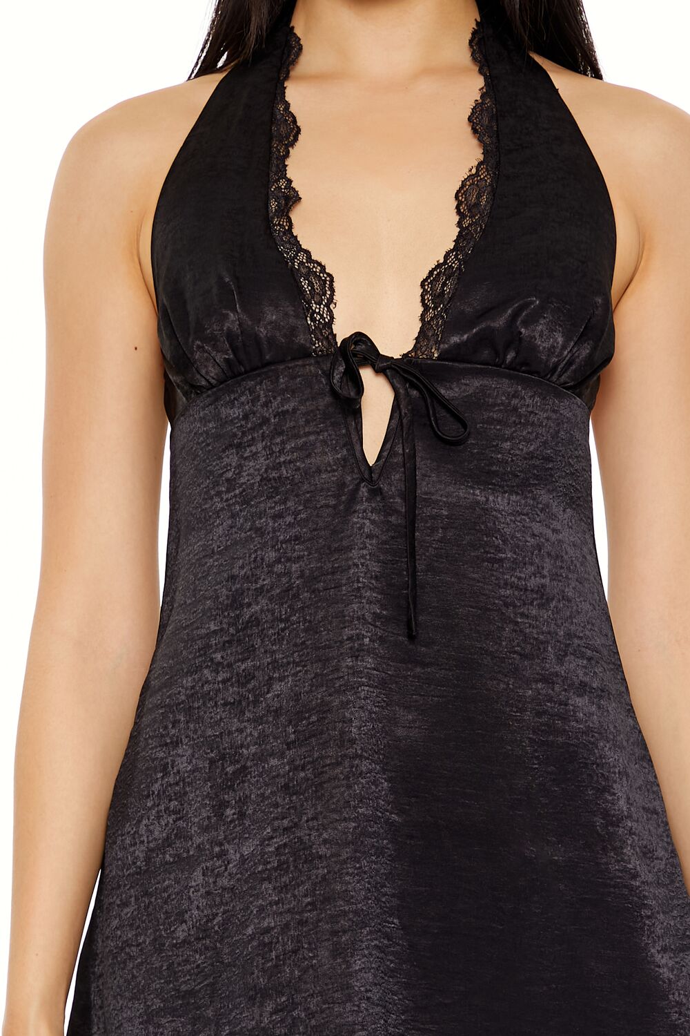 Lace-Trim Satin Halter Dress
