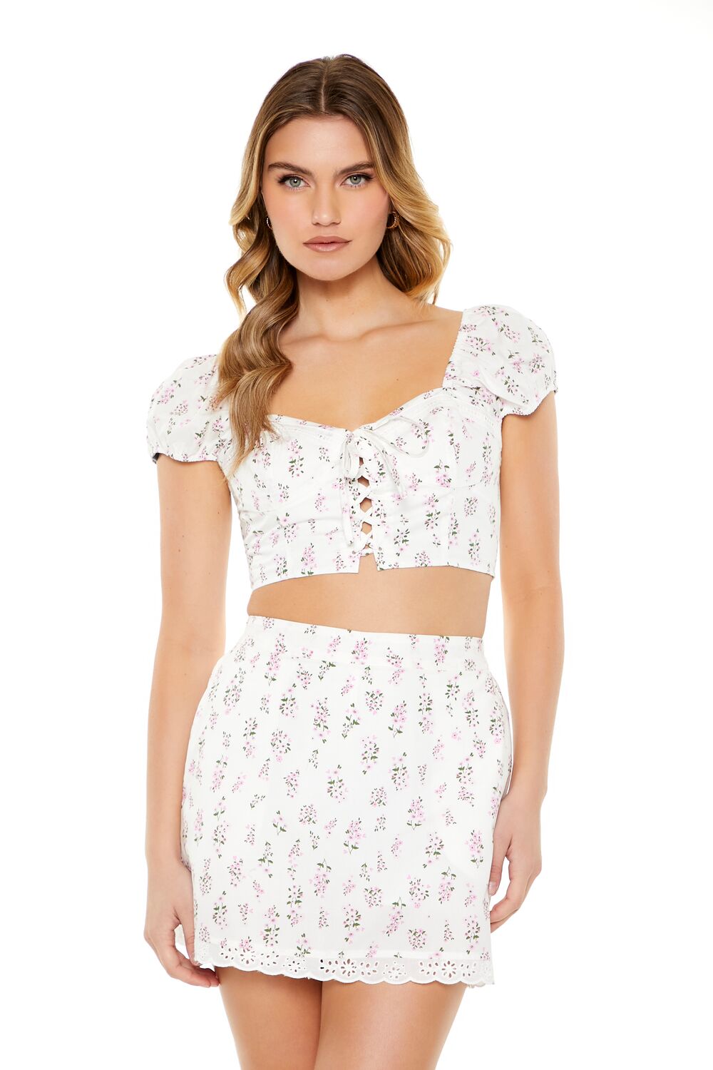 Floral Print Puff-Sleeve Crop Top