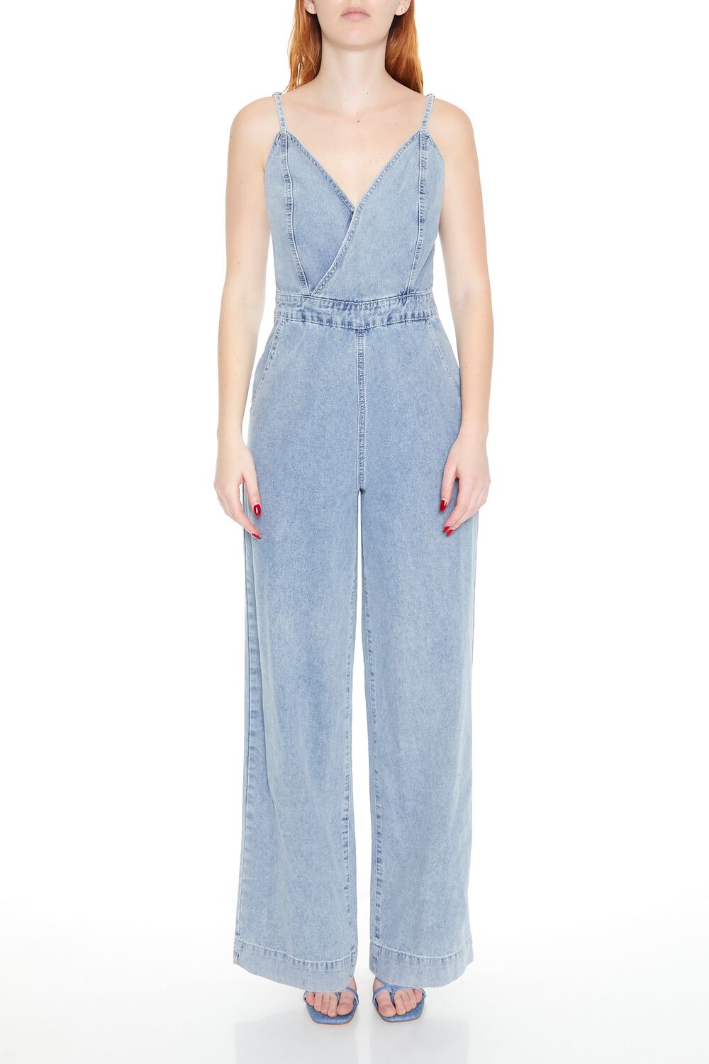 Denim Surplice Wide-Leg Jumpsuit