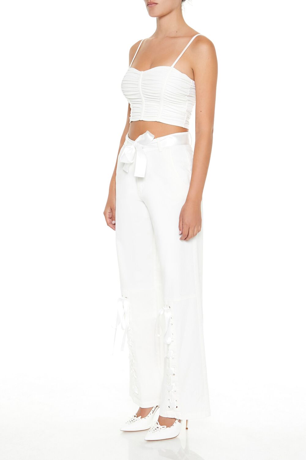 Satin Lace-Up Wide-Leg Pants