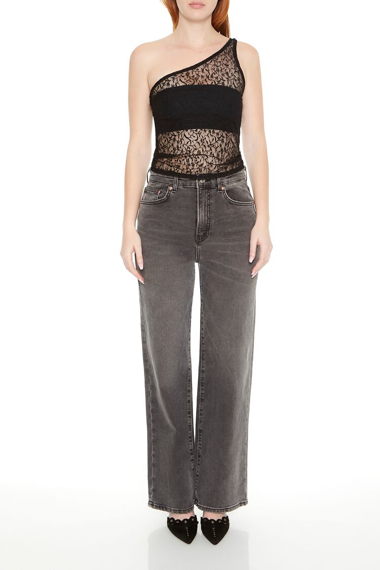 Sheer Lace One-Shoulder Top