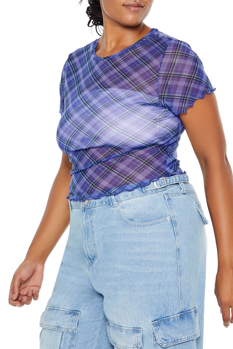 Plus Size Plaid Sheer Mesh Top