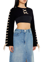 Cropped Tie-Trim Sweater