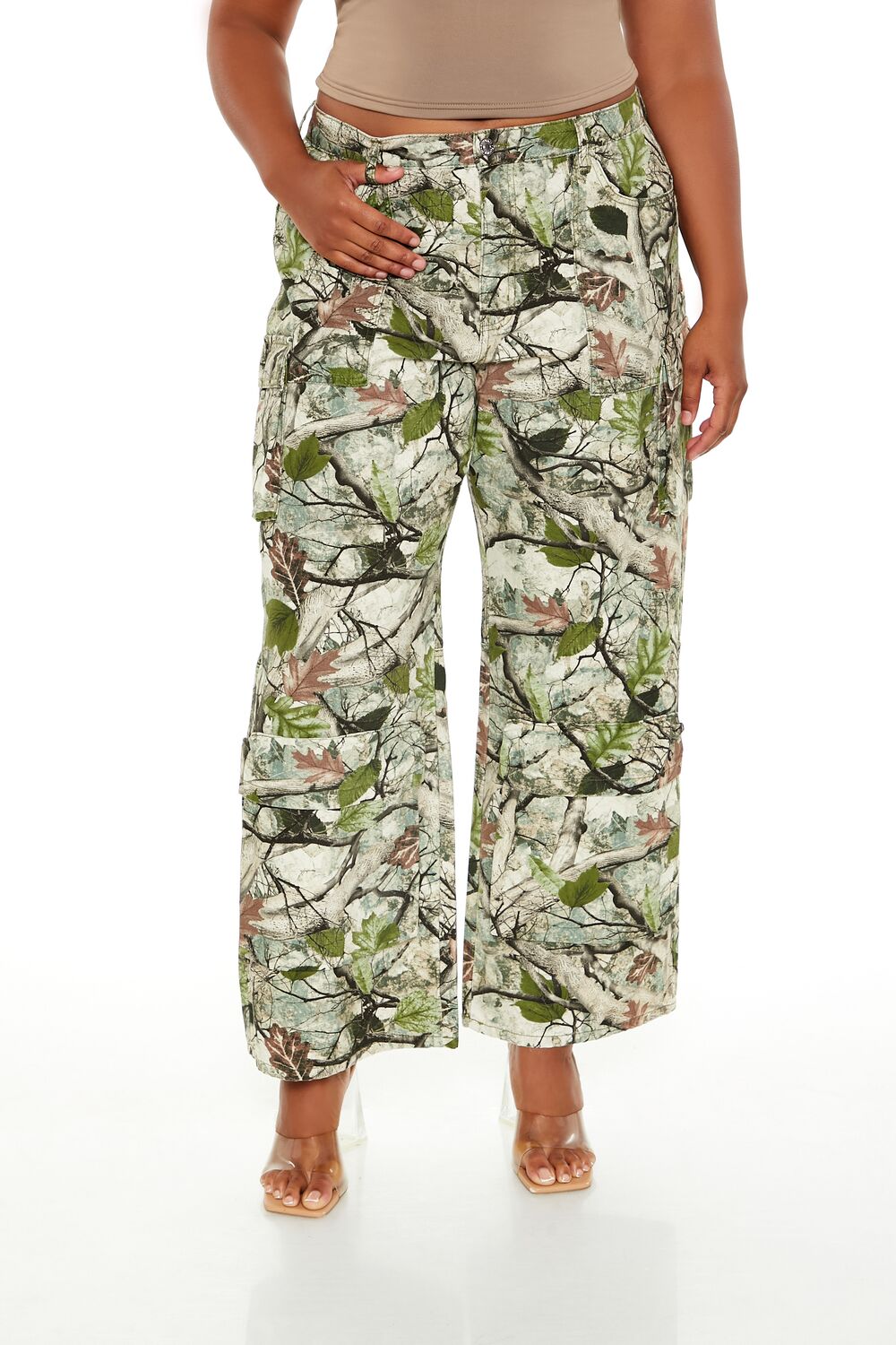 Plus Size Leaf Print Cargo Pants