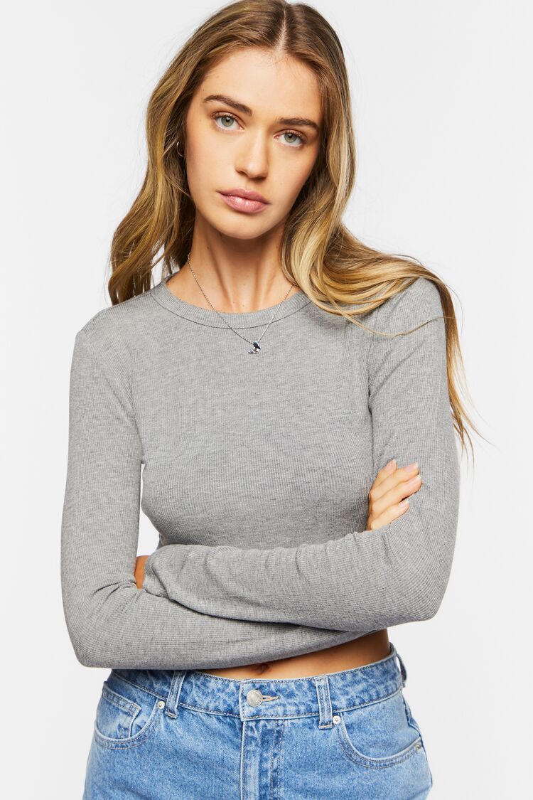 Ribbed Knit Long-Sleeve Crop Top