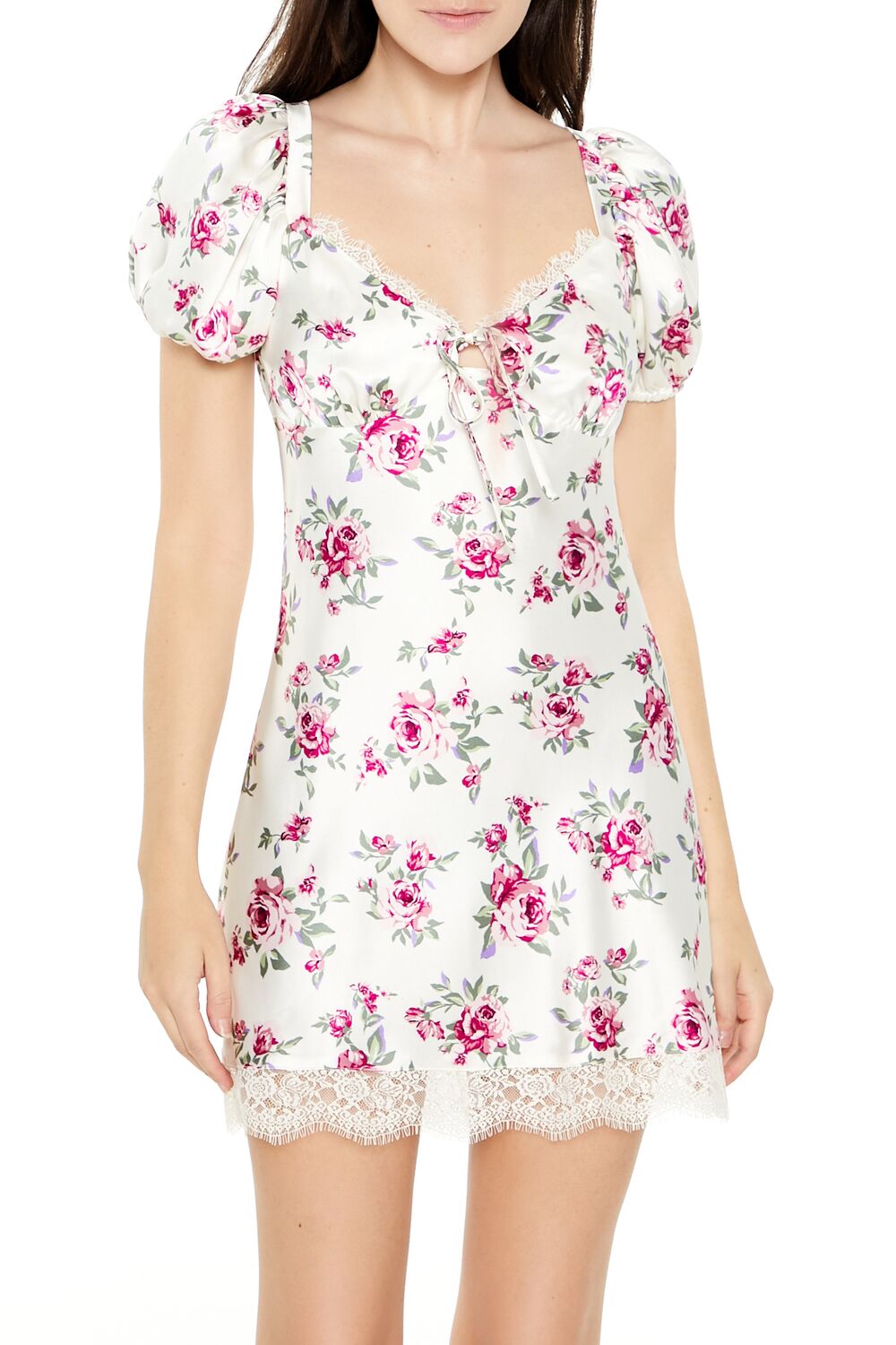 Satin Rose Puff-Sleeve Mini Dress