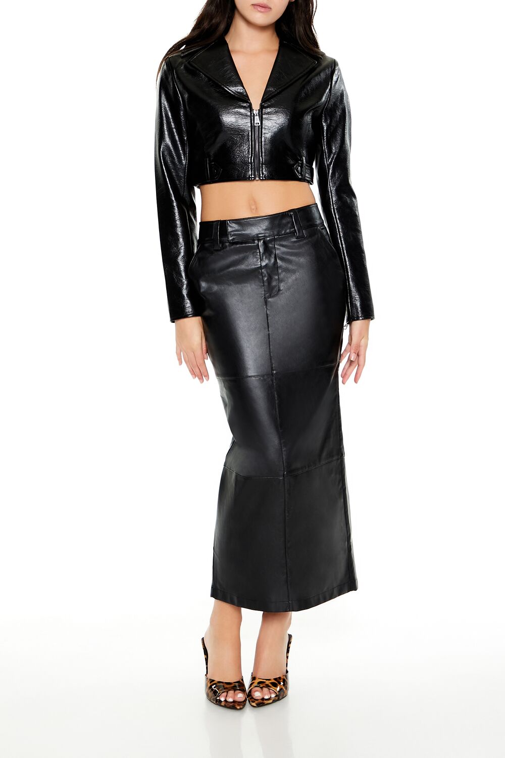 Cropped Faux Leather Zip-Up Jacket