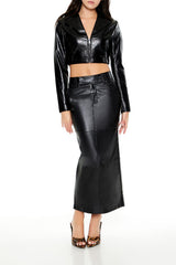 Cropped Faux Leather Zip-Up Jacket
