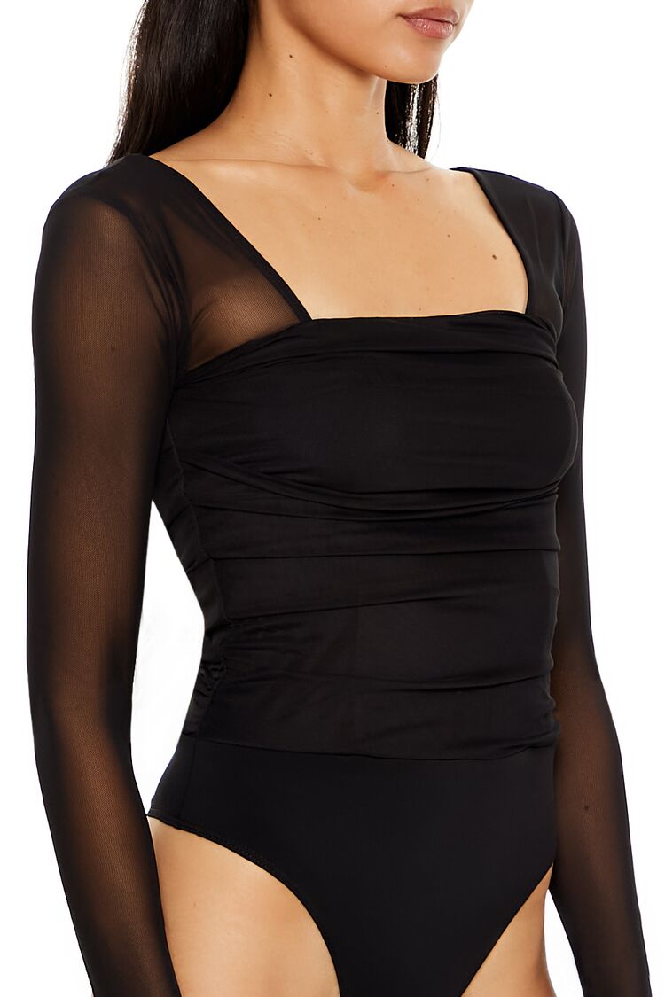 Ruched Mesh Thong Bodysuit