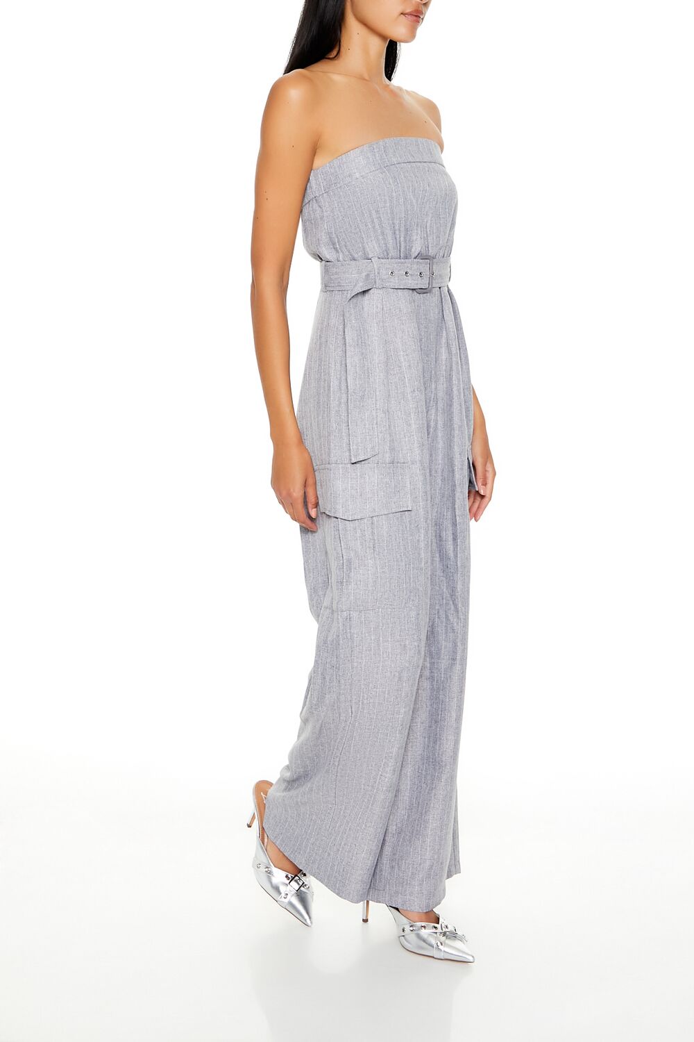Belted Pinstriped Cargo Jumpsuit