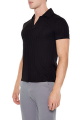 Ribbed Open V-Neck Polo Shirt
