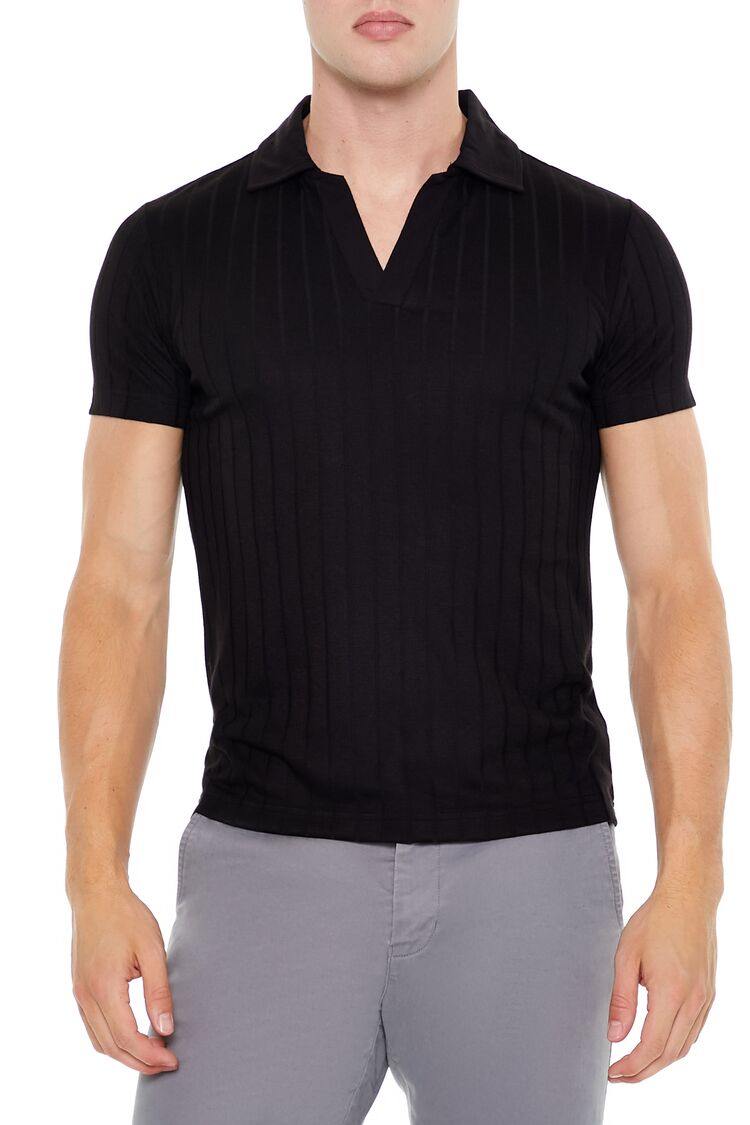 Ribbed Open V-Neck Polo Shirt