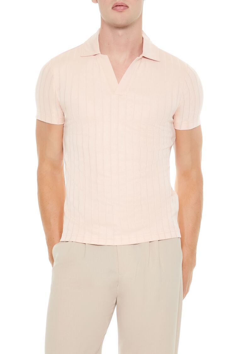 Ribbed Open V-Neck Polo Shirt