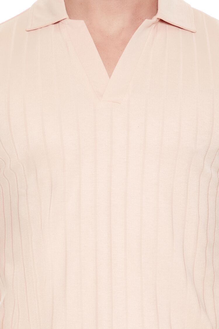 Ribbed Open V-Neck Polo Shirt