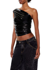Faux Leather One-Shoulder Crop Top