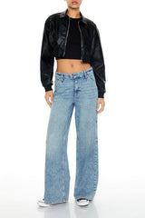 Cropped Faux Leather Bomber Jacket